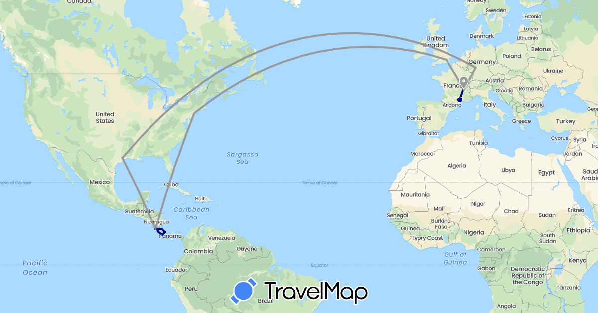 TravelMap itinerary: driving, plane, boat in Costa Rica, Germany, France, United Kingdom, United States (Europe, North America)