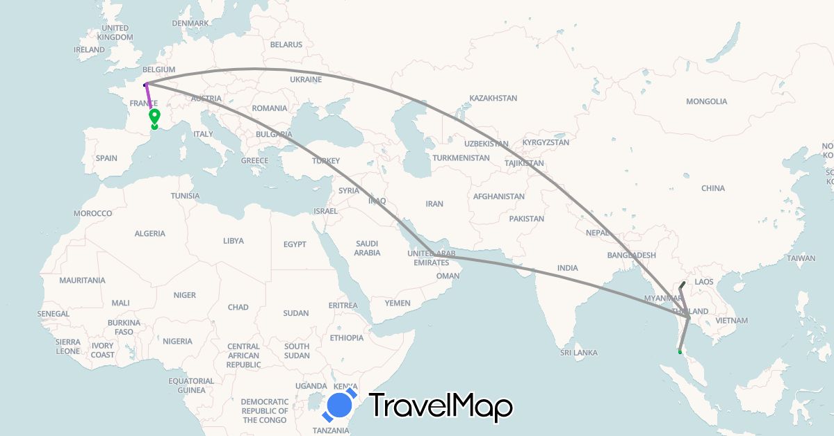 TravelMap itinerary: driving, bus, plane, train, hiking, motorbike in United Arab Emirates, France, Thailand (Asia, Europe)