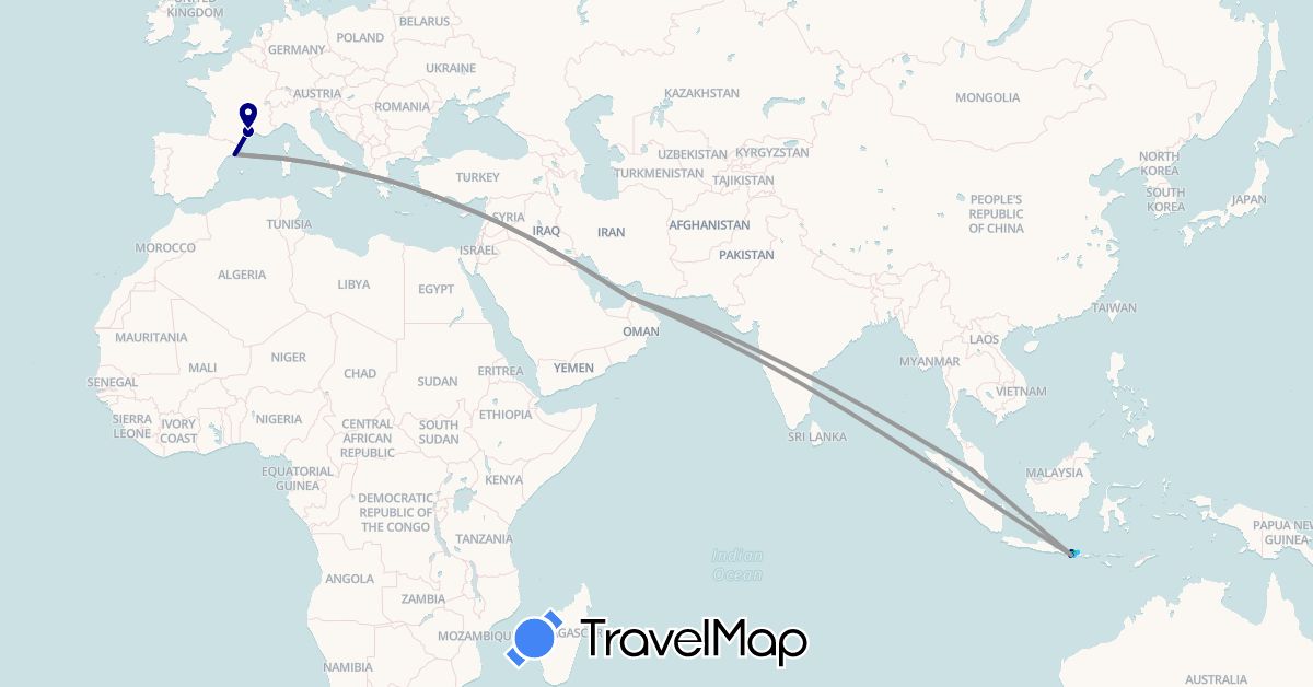 TravelMap itinerary: driving, bus, plane, cycling, hiking, boat, motorbike in United Arab Emirates, Spain, France, Indonesia, Malaysia (Asia, Europe)