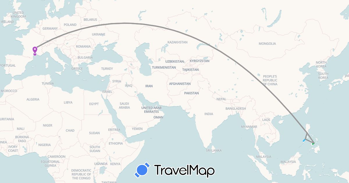 TravelMap itinerary: driving, bus, plane, train, boat in China, Germany, France, Philippines (Asia, Europe)